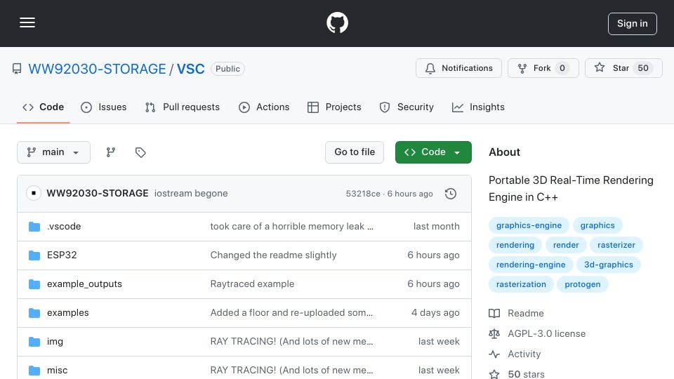 Screenshot of github.com: Show HN: VSC – An open source 3D Rendering Engine in C++