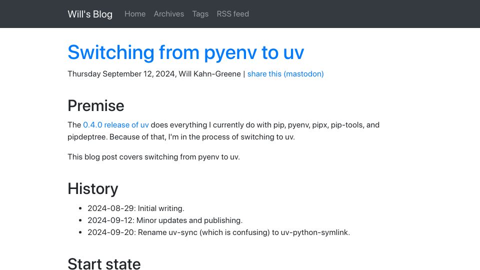 Screenshot of bluesock.org: Switching from Pyenv to Uv