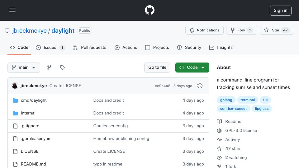 Screenshot of github.com: Show HN: Daylight – track sunrise / sunset times in your terminal
