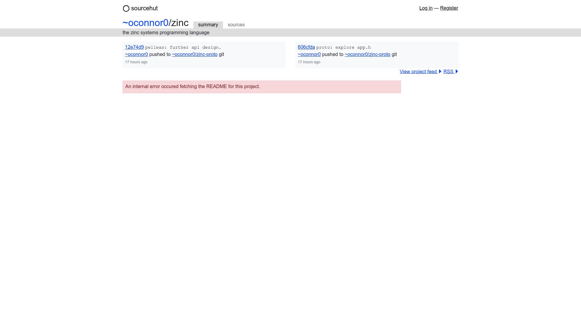 Screenshot of sr.ht: Zinc, a systems programming language prototype