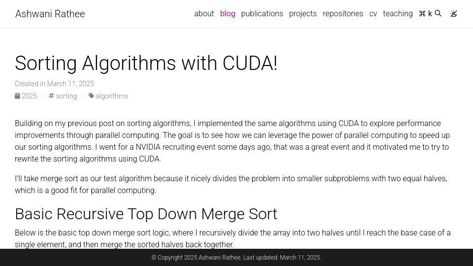 Screenshot of ashwanirathee.com: Sorting algorithms with CUDA