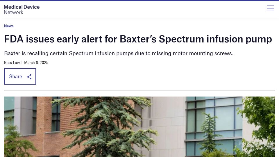 Screenshot of medicaldevice-network.com: FDA issues early alert for Baxter's Spectrum infusion pump