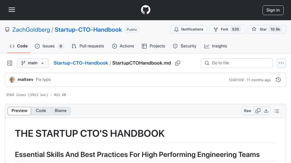 Screenshot of github.com: The Startup CTO's Handbook