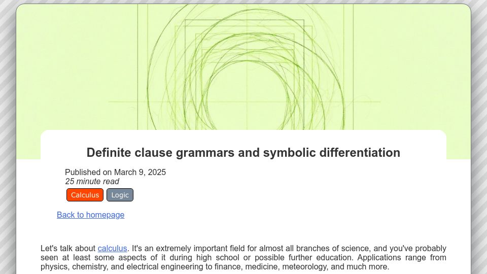 Screenshot of bitsandtheorems.com: Definite clause grammars and symbolic differentiation