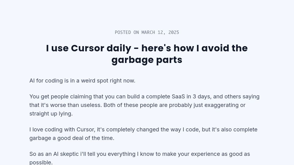 Screenshot of nickcraux.com: I use Cursor daily - here's how I avoid the garbage parts