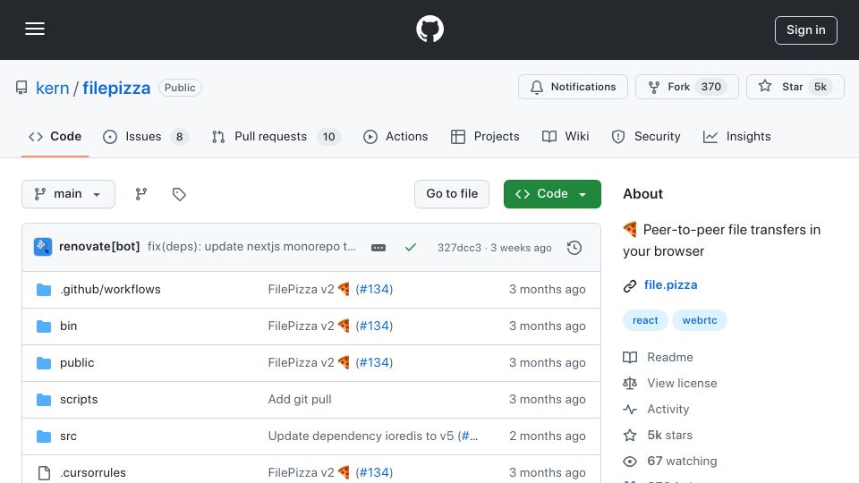 Screenshot of github.com: Peer-to-peer file transfers in the browser