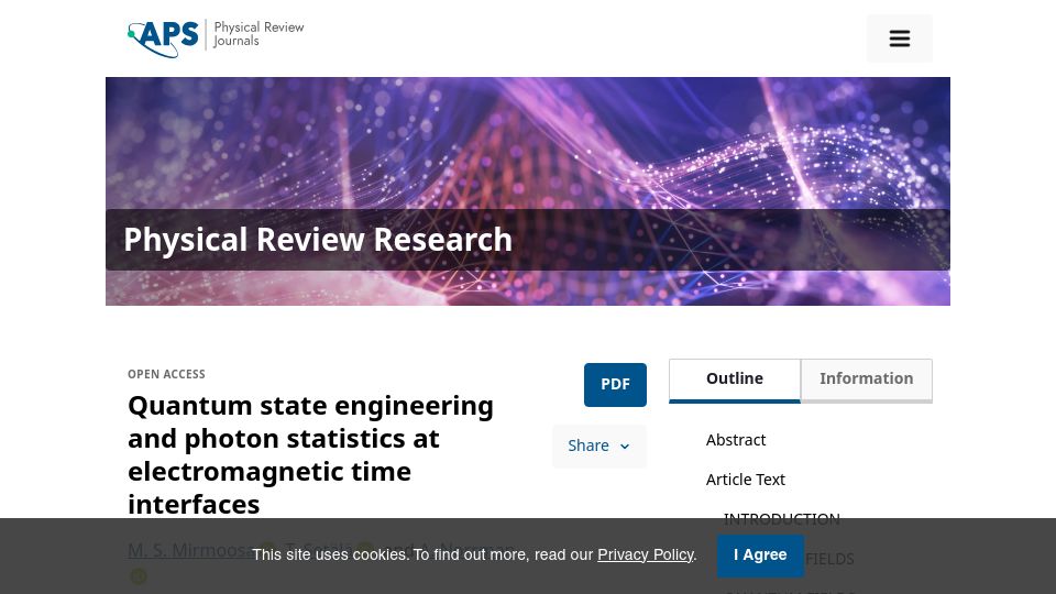 Screenshot of journals.aps.org: Quantum state engineering, photon statistics at electromagnetic time interfaces