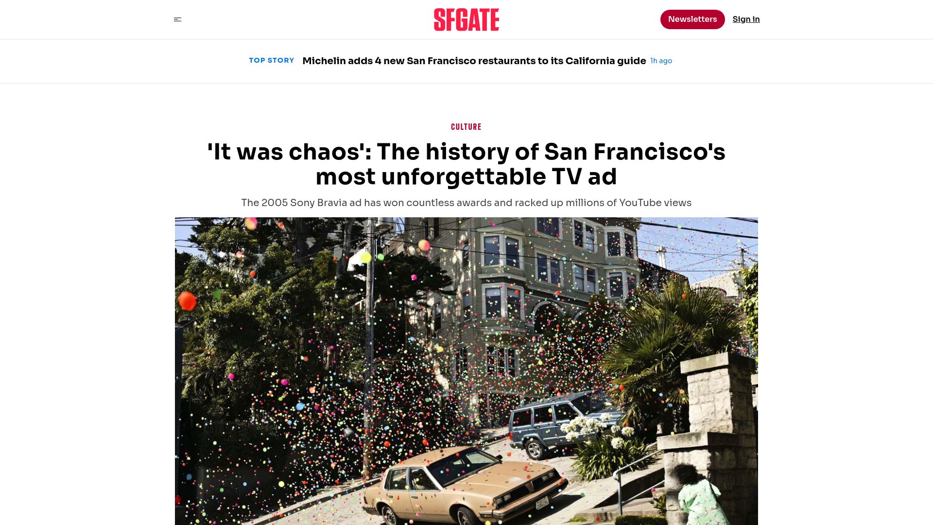 Screenshot of sfgate.com: The 2005 Sony Bravia ad