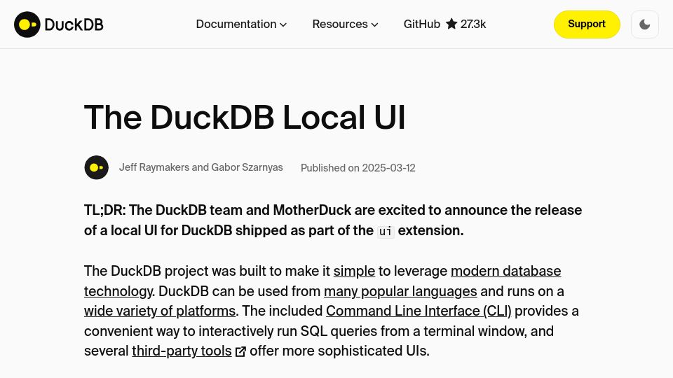 Screenshot of duckdb.org: The DuckDB Local UI