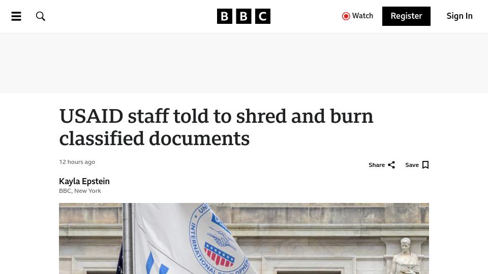 Screenshot of bbc.com: Usaid staff told to shred and burn classified documents
