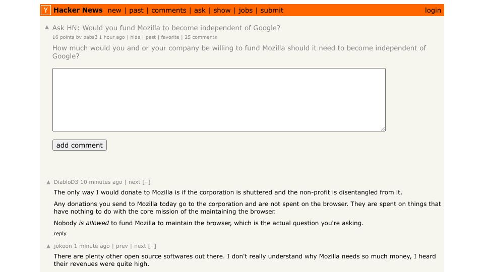 Screenshot of Hacker News post: Ask HN: Would you fund Mozilla to become independent of Google?