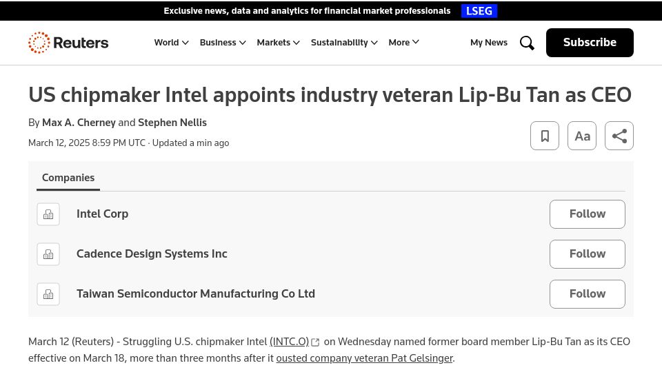 Screenshot of reuters.com: Intel appoints Lip-Bu Tan as its CEO