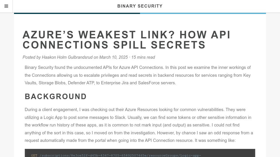Screenshot of binarysecurity.no: Azure's Weakest Link? How API Connections Spill Secrets