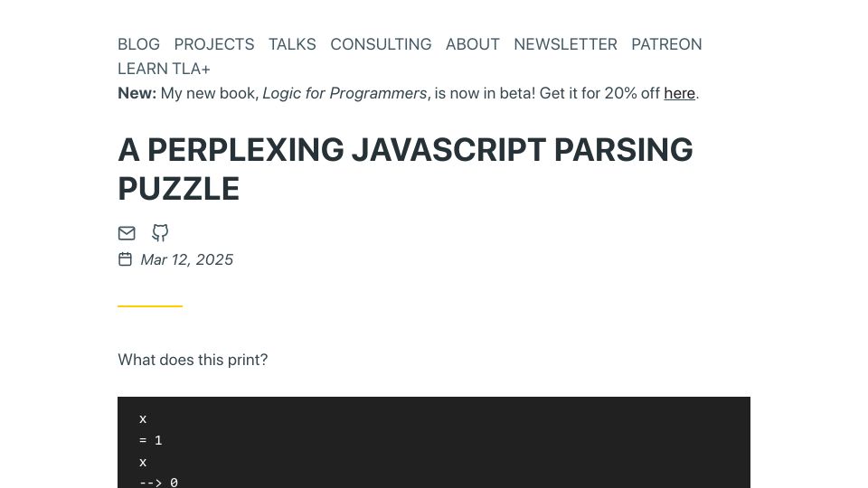 Screenshot of hillelwayne.com: A Perplexing JavaScript Parsing Puzzle