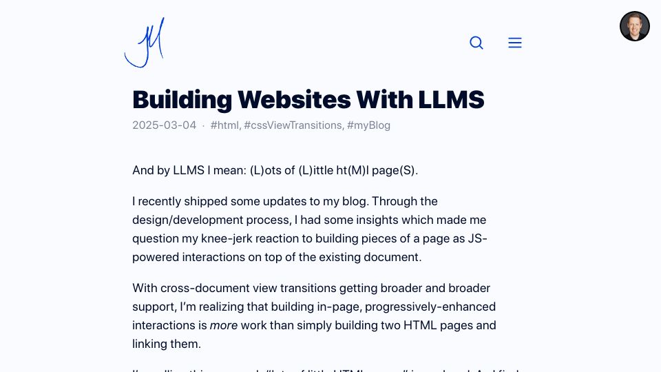 Screenshot of blog.jim-nielsen.com: Building websites with lots of little HTML pages