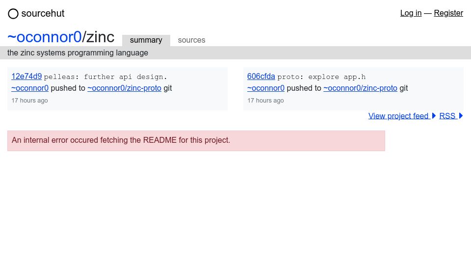 Screenshot of sr.ht: Zinc, a systems programming language prototype