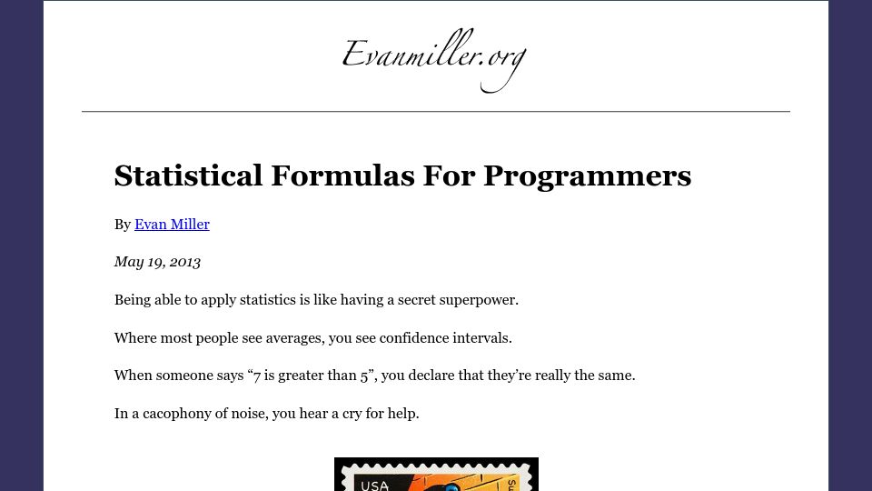 Screenshot of evanmiller.org: Statistical Formulas for Programmers (2013)