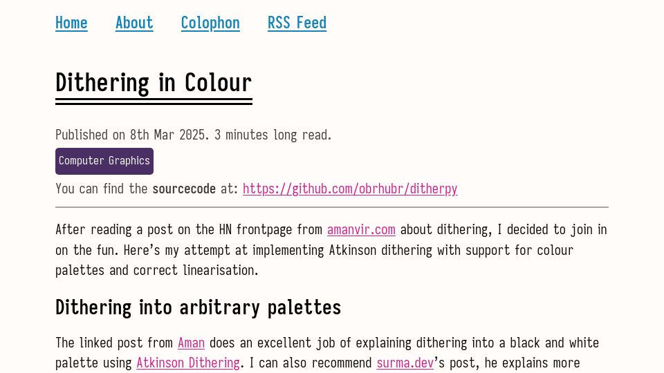 Screenshot of obrhubr.org: Dithering in Colour