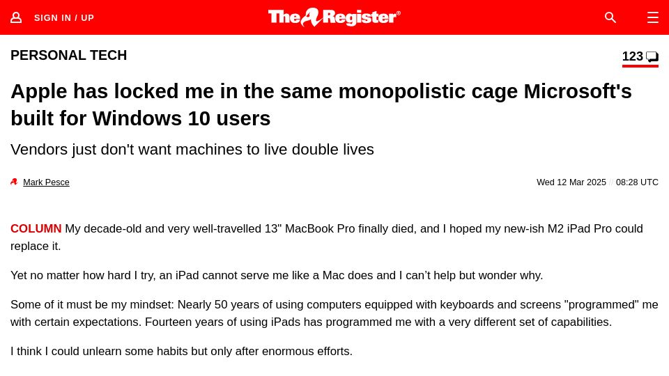 Screenshot of theregister.com: Apple has locked me in the same cage Microsoft's built for Windows 10 users