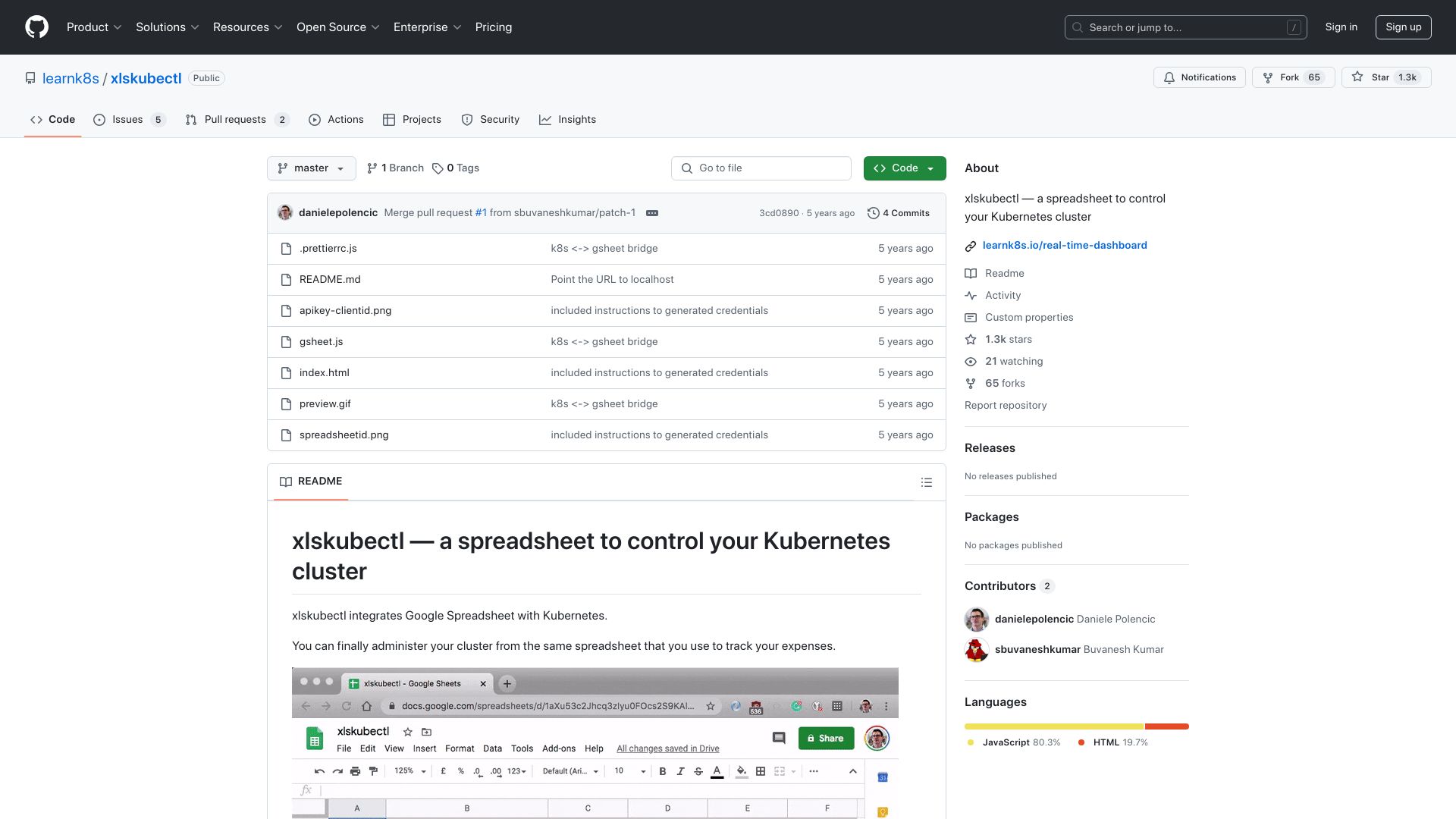 Screenshot of github.com: xlskubectl – a spreadsheet to control your Kubernetes cluster