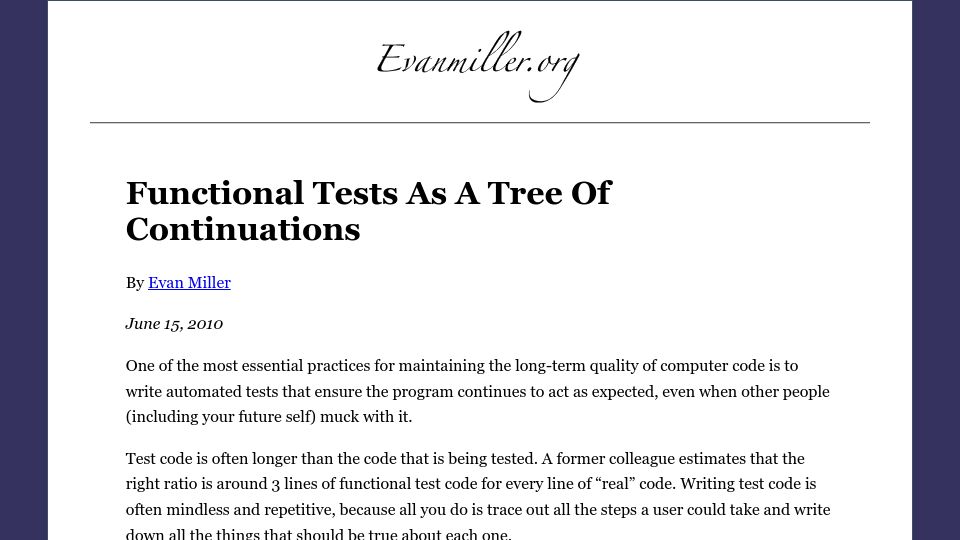 Screenshot of evanmiller.org: Functional Tests as a Tree of Continuations (2010)