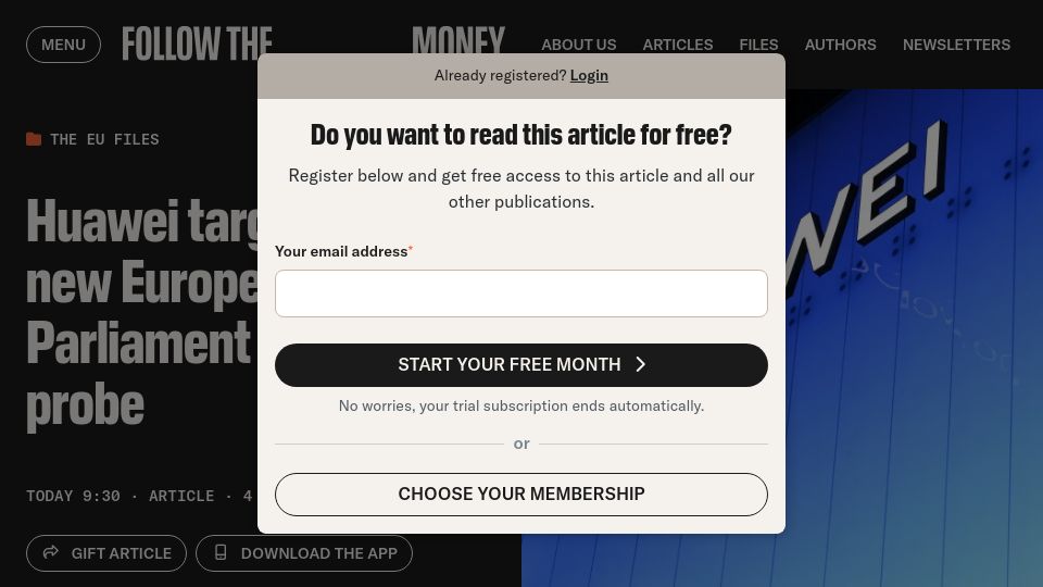 Screenshot of ftm.eu: Huawei targeted in new European Parliament corruption probe