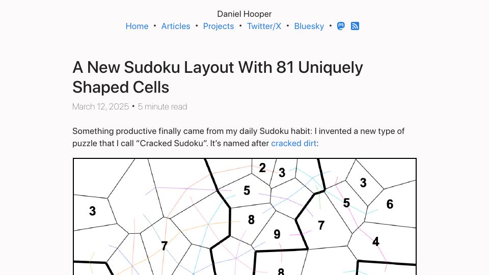 Screenshot of danielchasehooper.com: A new Sudoku layout with 81 uniquely shaped cells