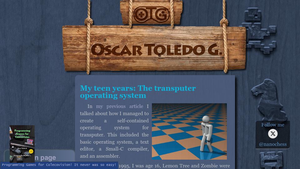 Screenshot of nanochess.org: My teen years: The transputer operating system