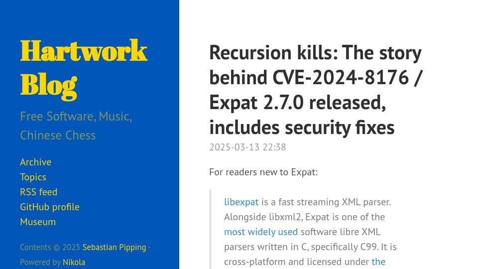 Screenshot of blog.hartwork.org: Recursion kills: The story behind CVE-2024-8176 in libexpat