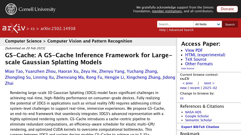 Screenshot of arxiv.org: A GS-Cache Inference Framework for Large-Scale Gaussian Splatting Models