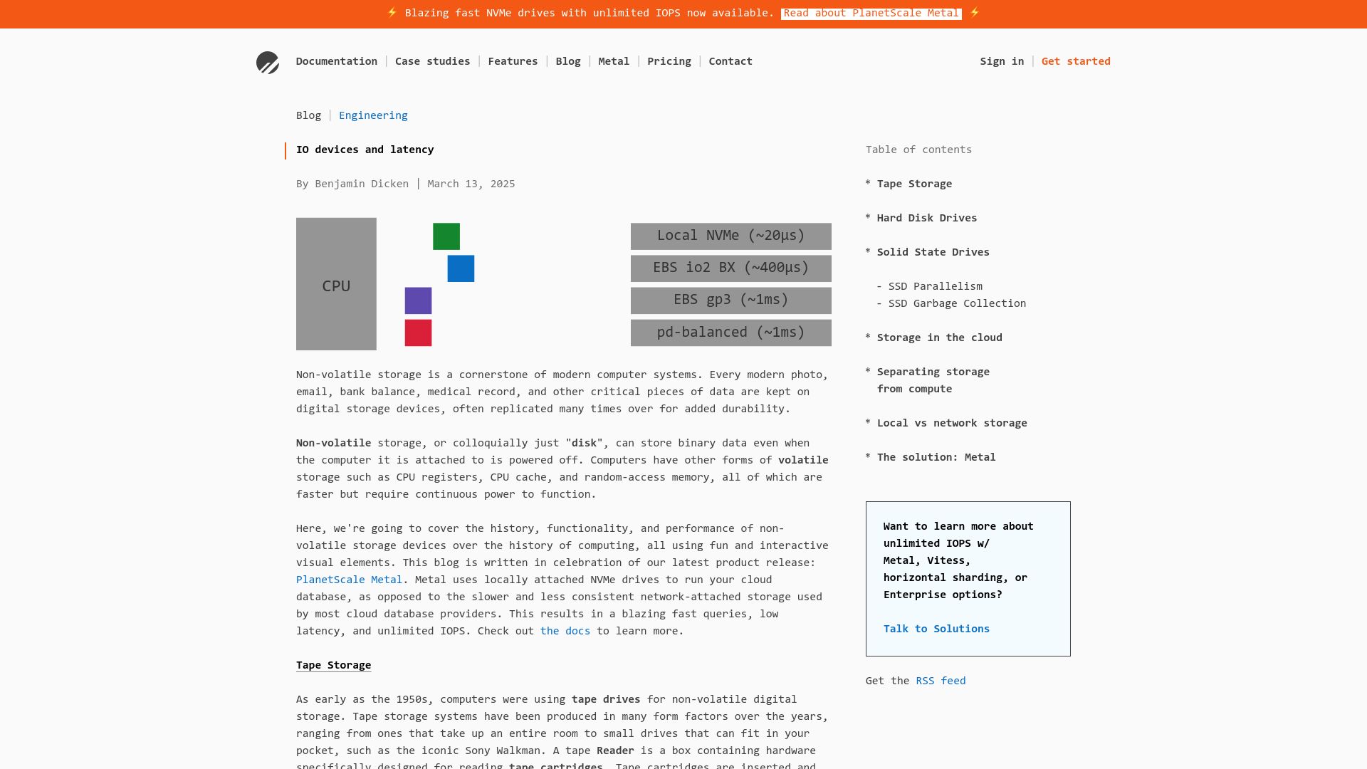 Screenshot of planetscale.com: IO Devices and Latency