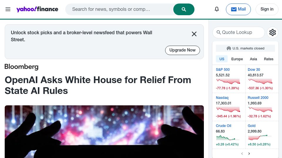 Screenshot of finance.yahoo.com: OpenAI asks White House for relief from state AI rules