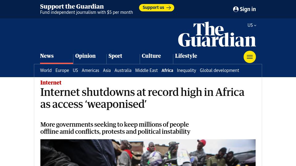 Screenshot of theguardian.com: Internet shutdowns at record high in Africa as access 'weaponised'