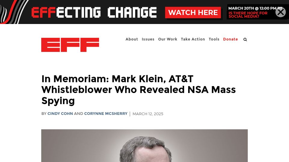 Screenshot of eff.org: Mark Klein, AT&T whistleblower who revealed NSA mass spying, has died