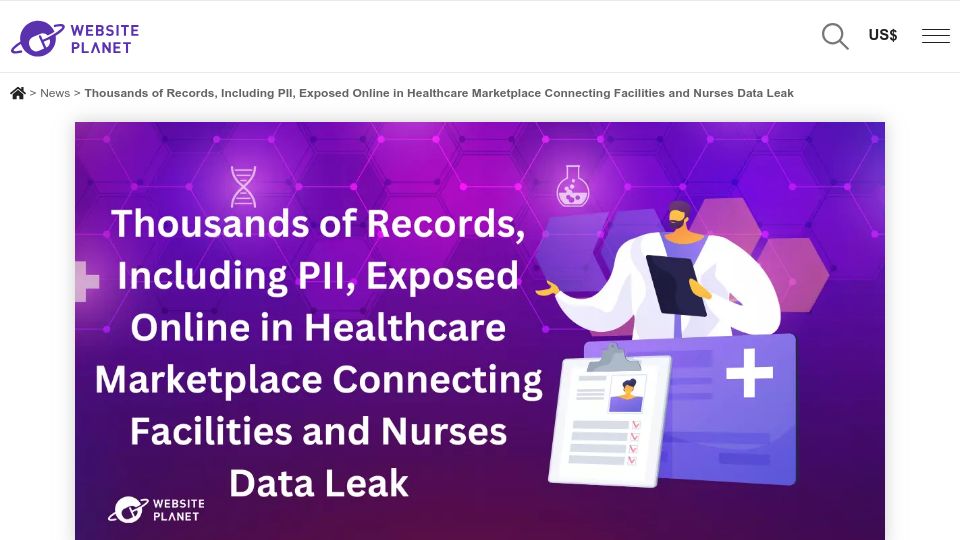 Screenshot of websiteplanet.com: 'Uber for nurses' exposes 86K+ medical records, PII via open S3 bucket