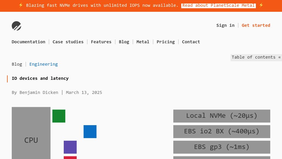 Screenshot of planetscale.com: IO Devices and Latency