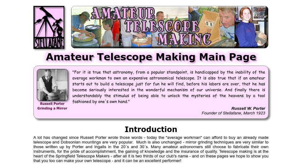 Screenshot of stellafane.org: Amateur Telescope Making Main Page