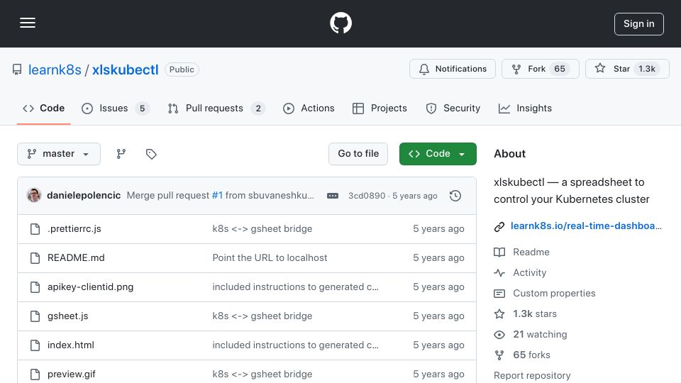 Screenshot of github.com: xlskubectl – a spreadsheet to control your Kubernetes cluster