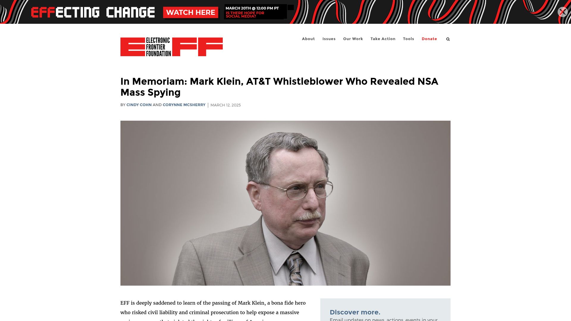 Screenshot of eff.org: Mark Klein, AT&T whistleblower who revealed NSA mass spying, has died