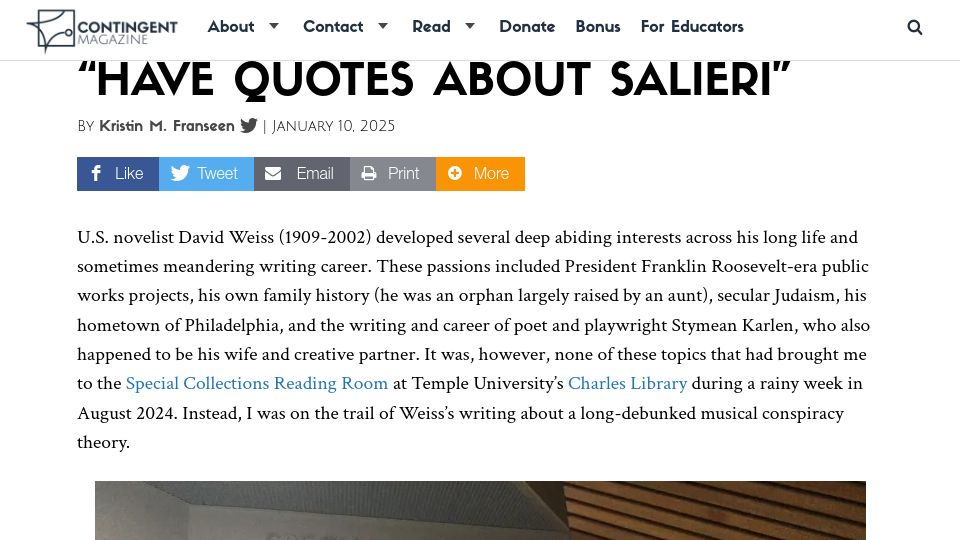 Screenshot of contingentmagazine.org: "Have Quotes About Salieri"