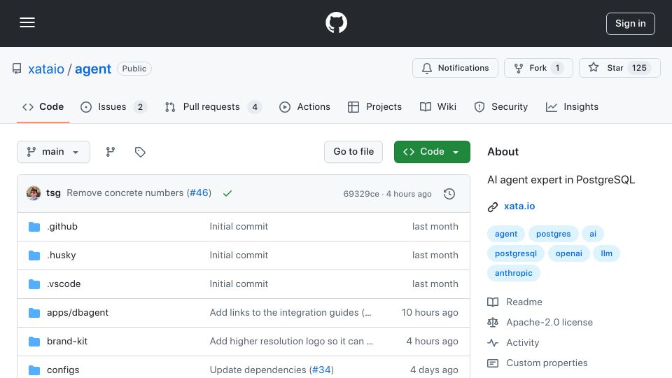Screenshot of github.com: Xata Agent: AI agent expert in PostgreSQL