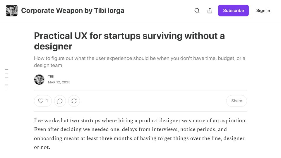Screenshot of tibinotes.com: Practical UX for startups surviving without a designer