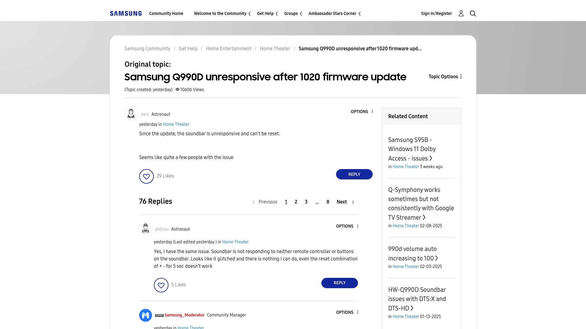 Screenshot of us.community.samsung.com: Samsung Q990D unresponsive after 1020 firmware update
