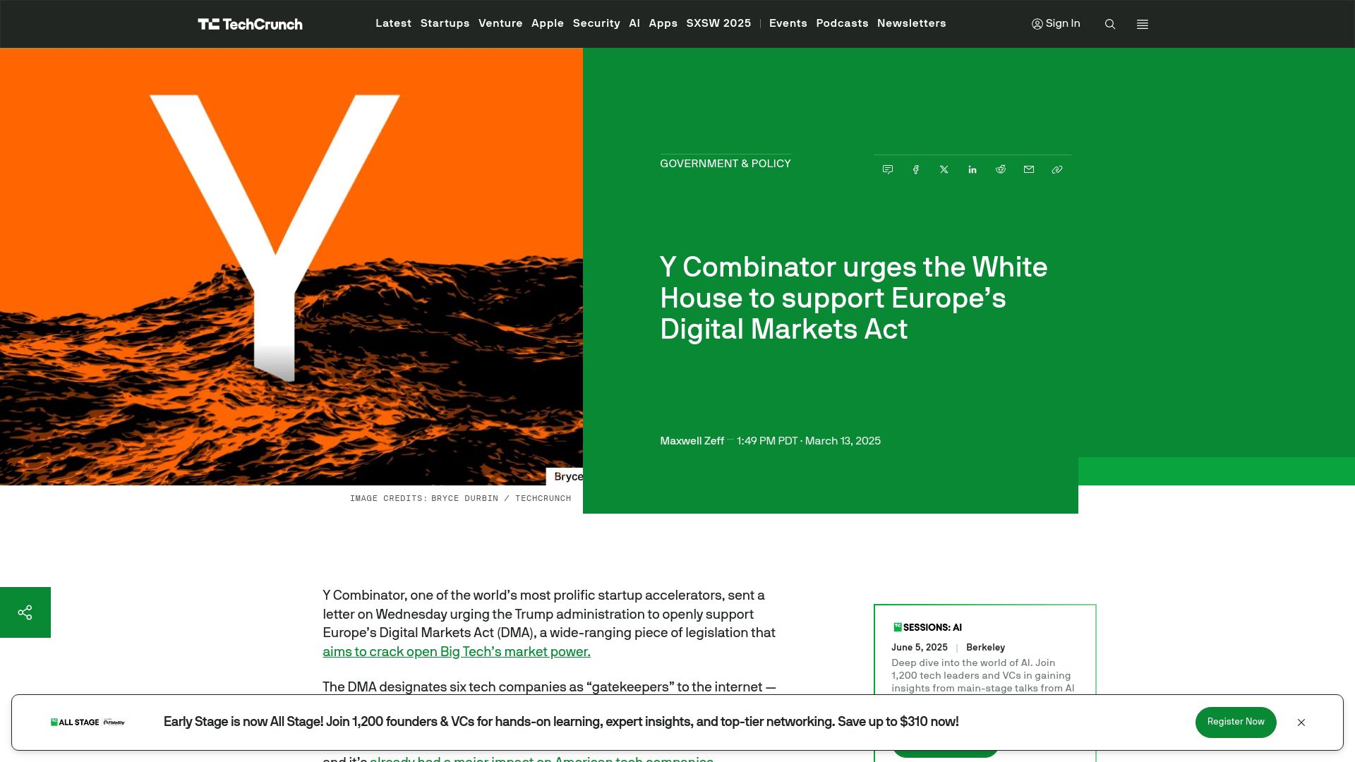 Screenshot of techcrunch.com: Y Combinator urges the White House to support Europe's Digital Markets Act