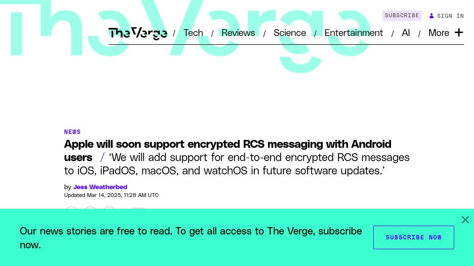 Screenshot of theverge.com: Apple will soon support encrypted RCS messaging with Android users