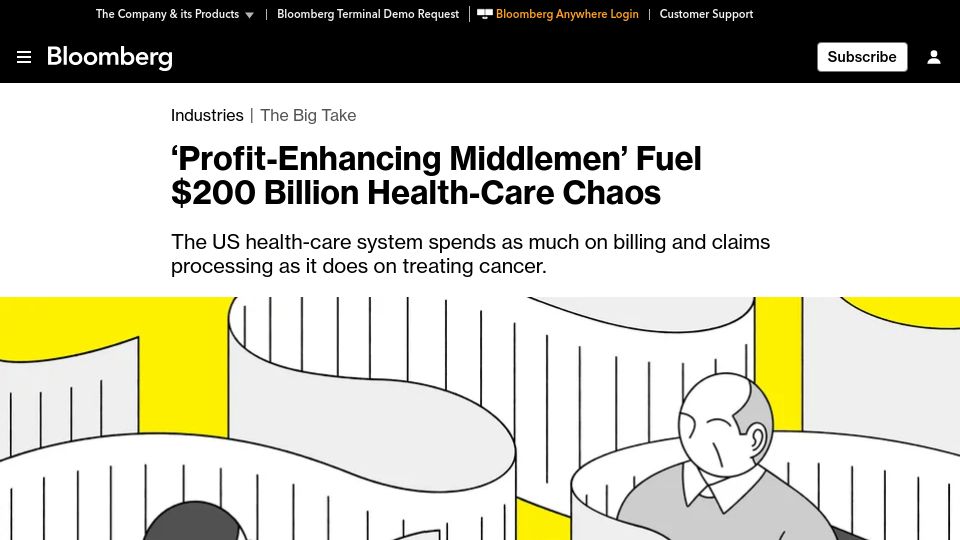 Screenshot of bloomberg.com: 'Profit-Enhancing Middlemen' Fuel $200B Health-Care Chaos