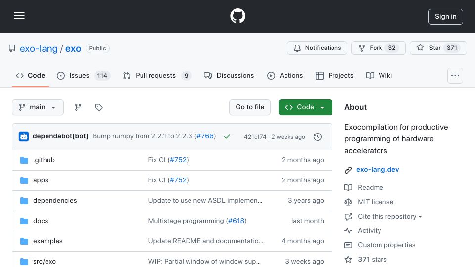 Screenshot of github.com: Exo: Exocompilation for productive programming of hardware accelerators