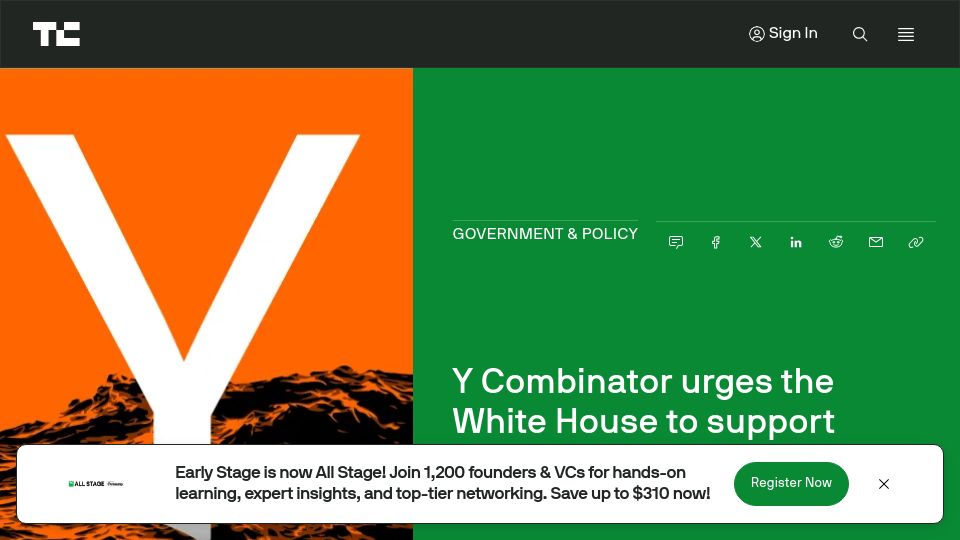Screenshot of techcrunch.com: Y Combinator urges the White House to support Europe's Digital Markets Act