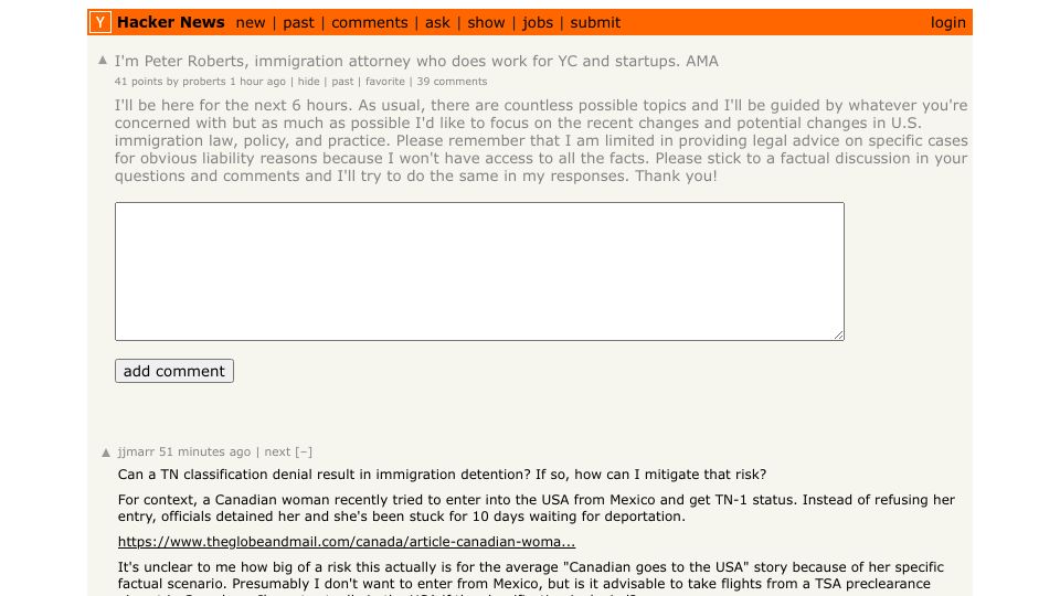 Screenshot of Hacker News post: I'm Peter Roberts, immigration attorney who does work for YC and startups. AMA