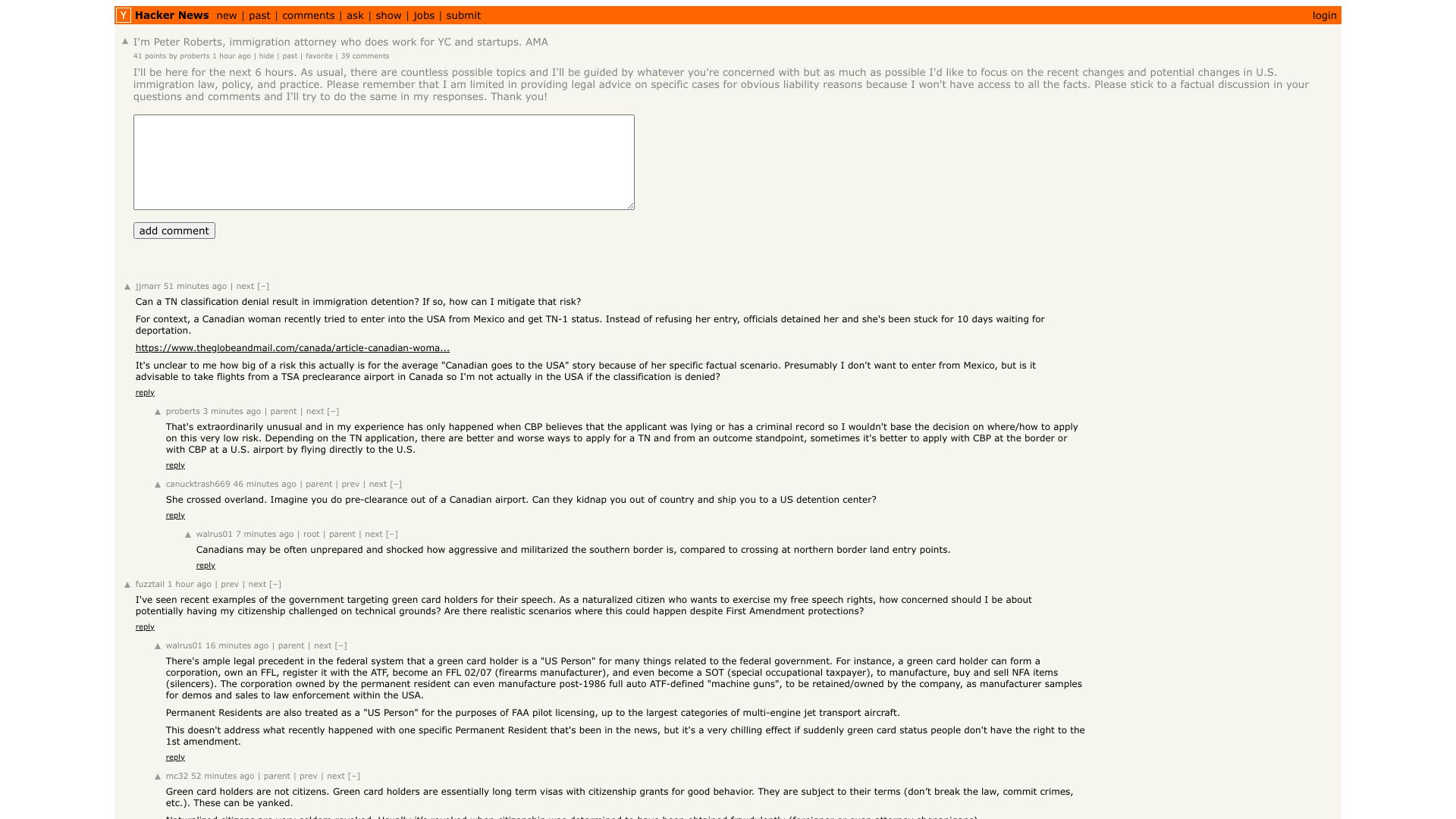 Screenshot of this Hacker News post: I'm Peter Roberts, immigration attorney who does work for YC and startups. AMA